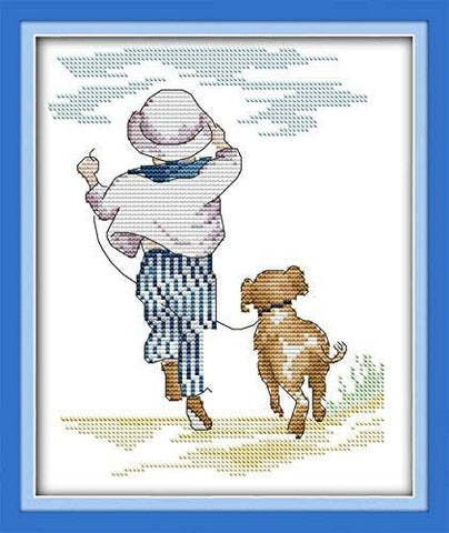 Stamped Cross Stitch Kits - Boy & Dog 10.6×13.8"