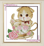 Stamped Cross Stitch Kits - Cat in Teacup 13×14"