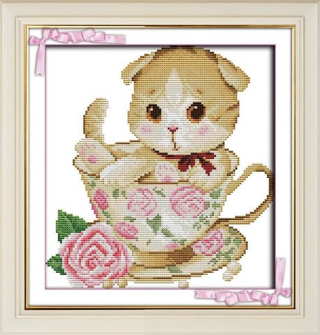 Stamped Cross Stitch Kits - Cat in Teacup 13×14"