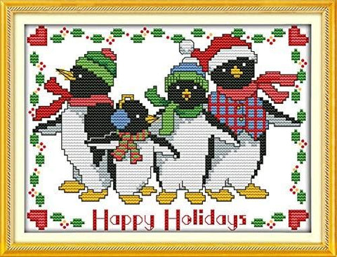 Stamped Cross Stitch Kits - Christmas Penguins 12.6×9.1"